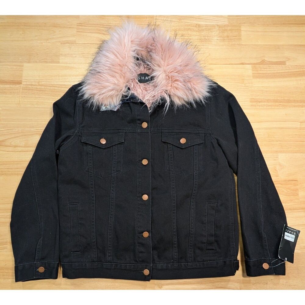 SHACI Black Denim Jacket Pink Faux‎ Fur Lining Removable Lining 2X NWT